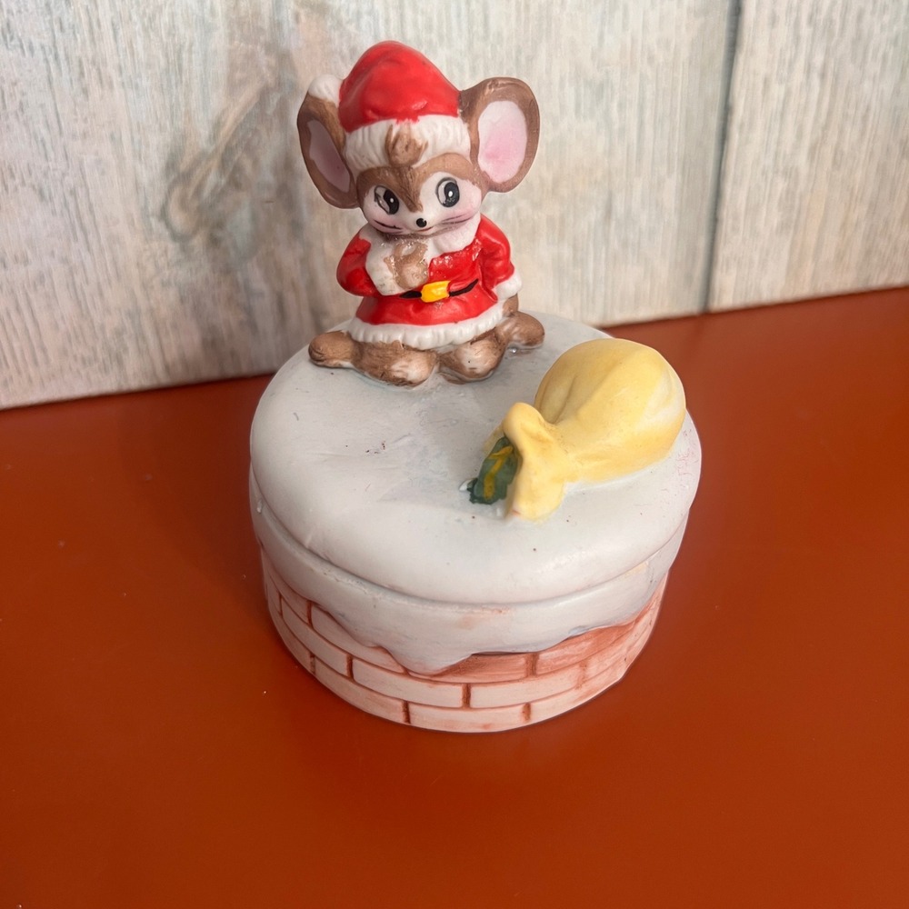 Vintage Homco‎ Christmas Mouse Santa Chimney Ceramic Trinket Box 5501 1068-88
